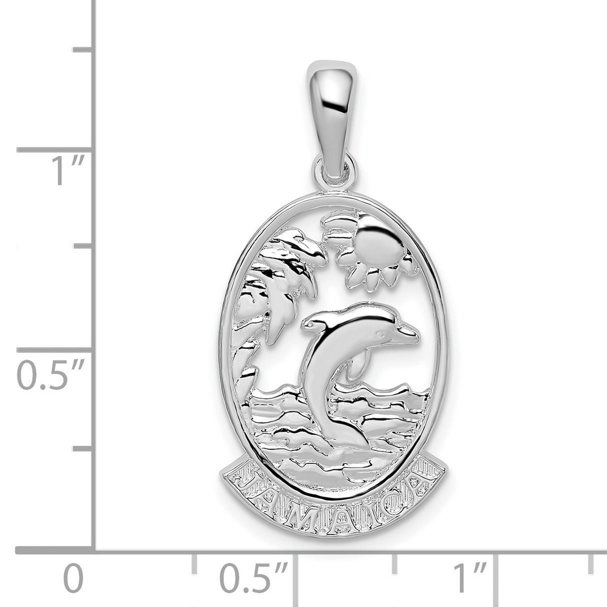 Sterling Silver Dolphin Pendant with Sun, Palm Trees, Ocean Waves and Jamaica Engraving