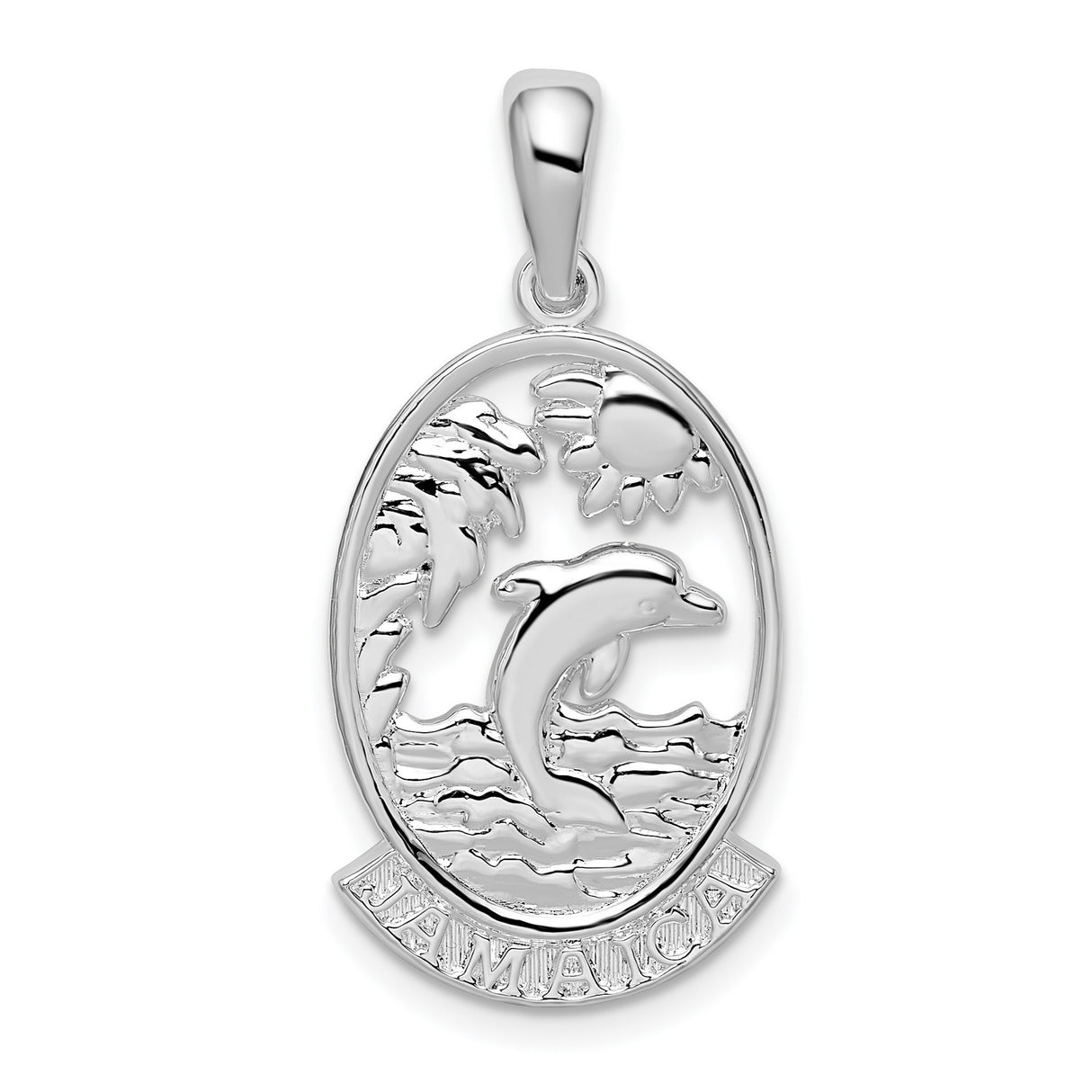Sterling Silver Dolphin Pendant with Sun, Palm Trees, Ocean Waves and Jamaica Engraving