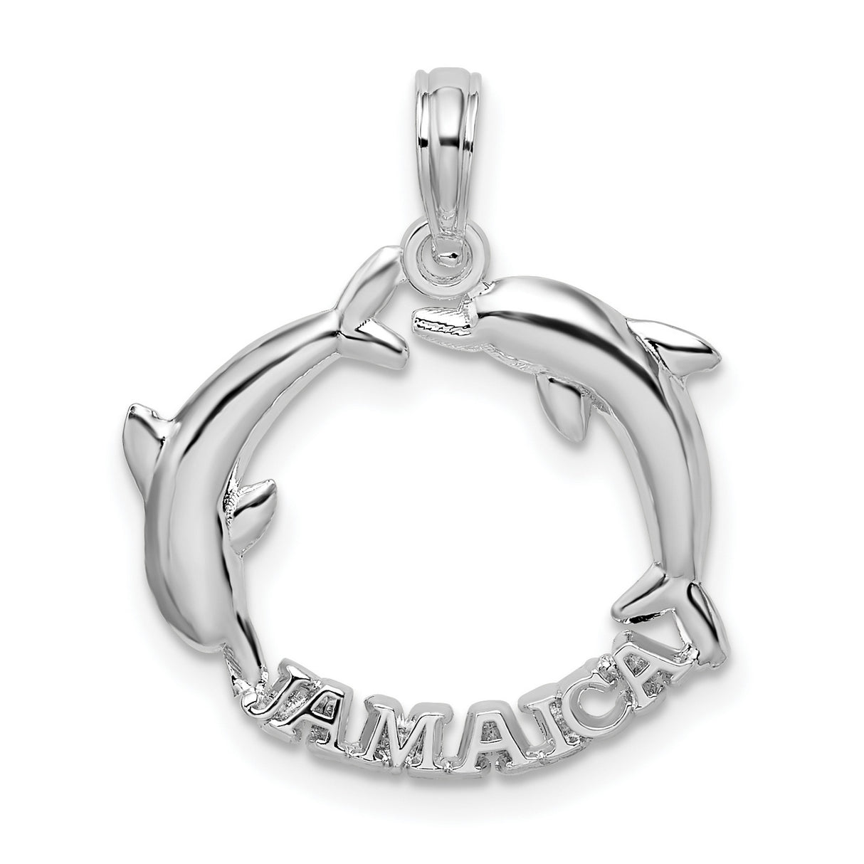 Sterling Silver Pendant with Two Dolphins Forming Circle, Jamaica Island Engraving