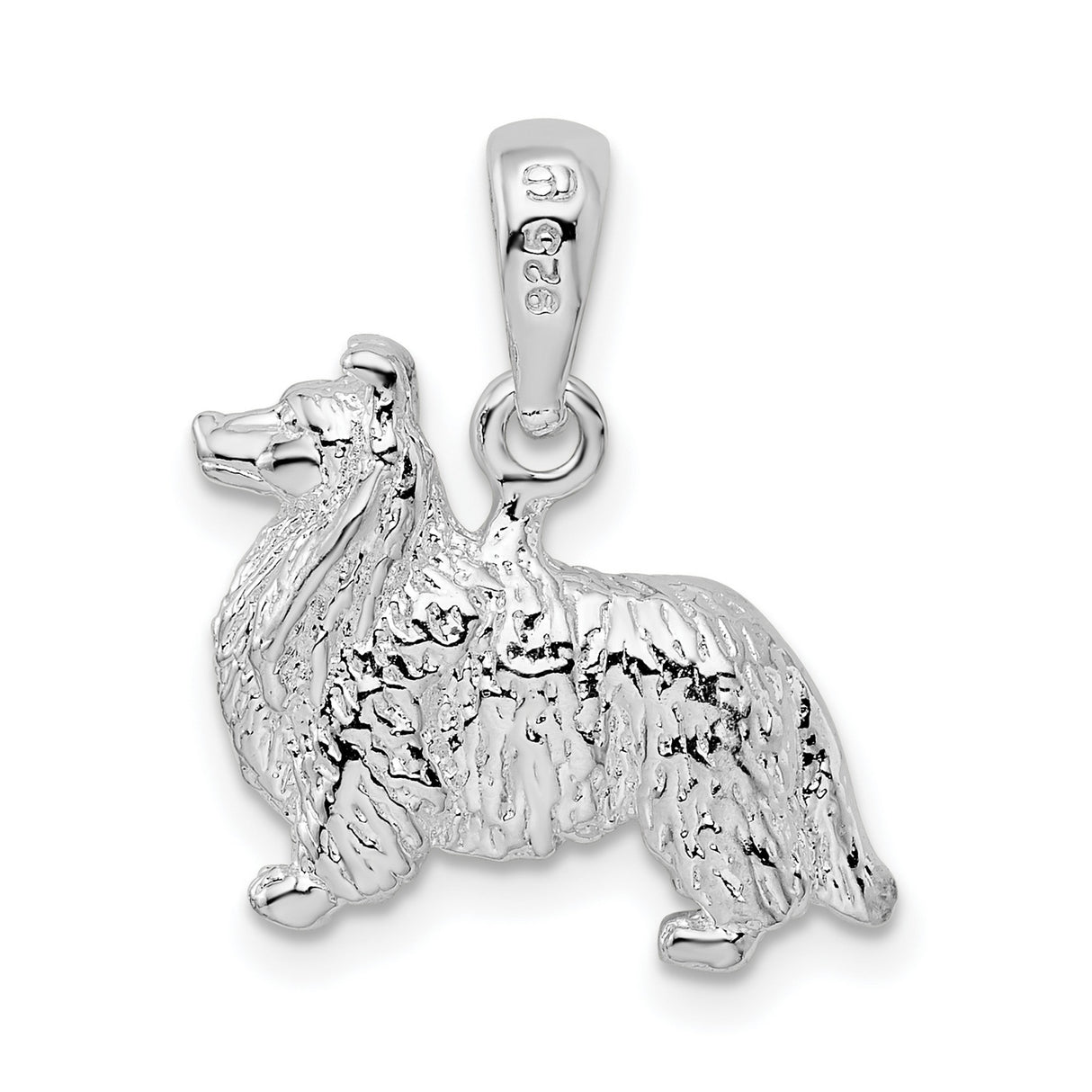 Textured 3-D Shetland Sheepdog Charm Pendant in Real 925 Sterling Silver