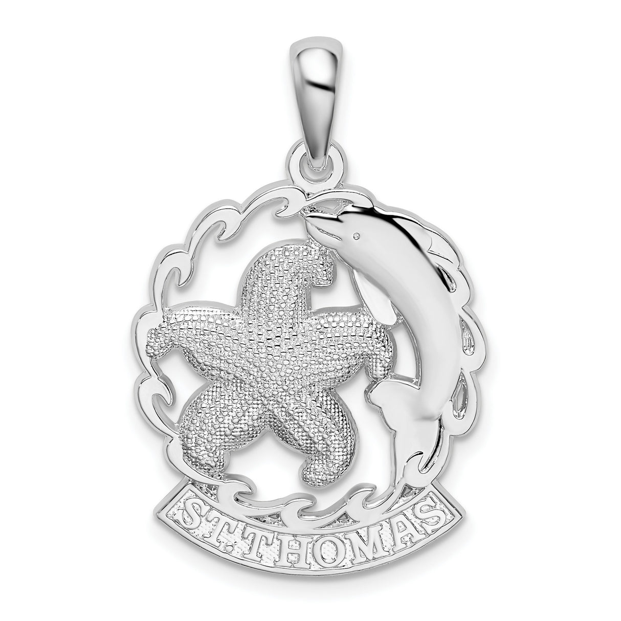Sterling Silver Pendant with Starfish, Dolphin, and Wave Design, Coastal Ocean Theme