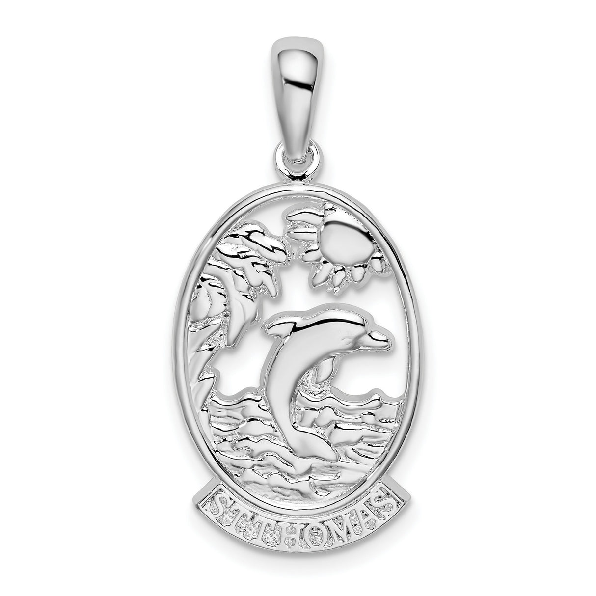 Sterling Silver Dolphin Pendant with Palm Tree, Sun and Waves, St Thomas Souvenir