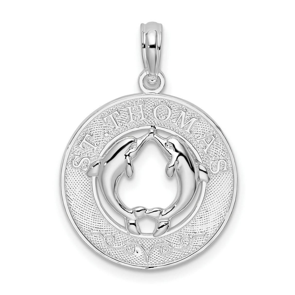 Sterling Silver Dolphin Pendant with St Thomas Engraving, Heart Design, Nautical Charm for Women
