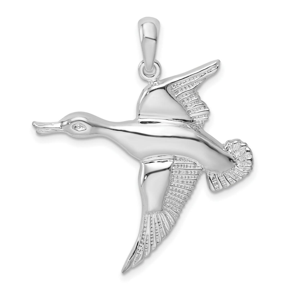 Sterling Silver Flying Duck Pendant with Detailed Wing Engraving, Rustic Wildlife Jewelry for Men and Women