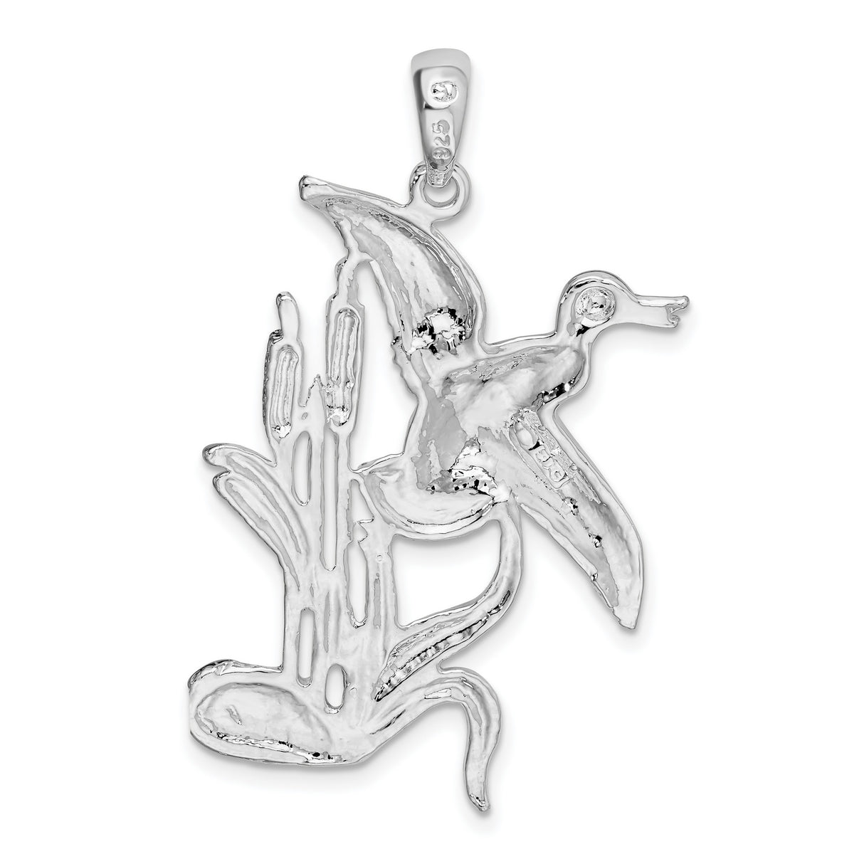Sterling Silver Pendant with Flying Duck Over Cattails, Nature Wildlife Bird Charm Design