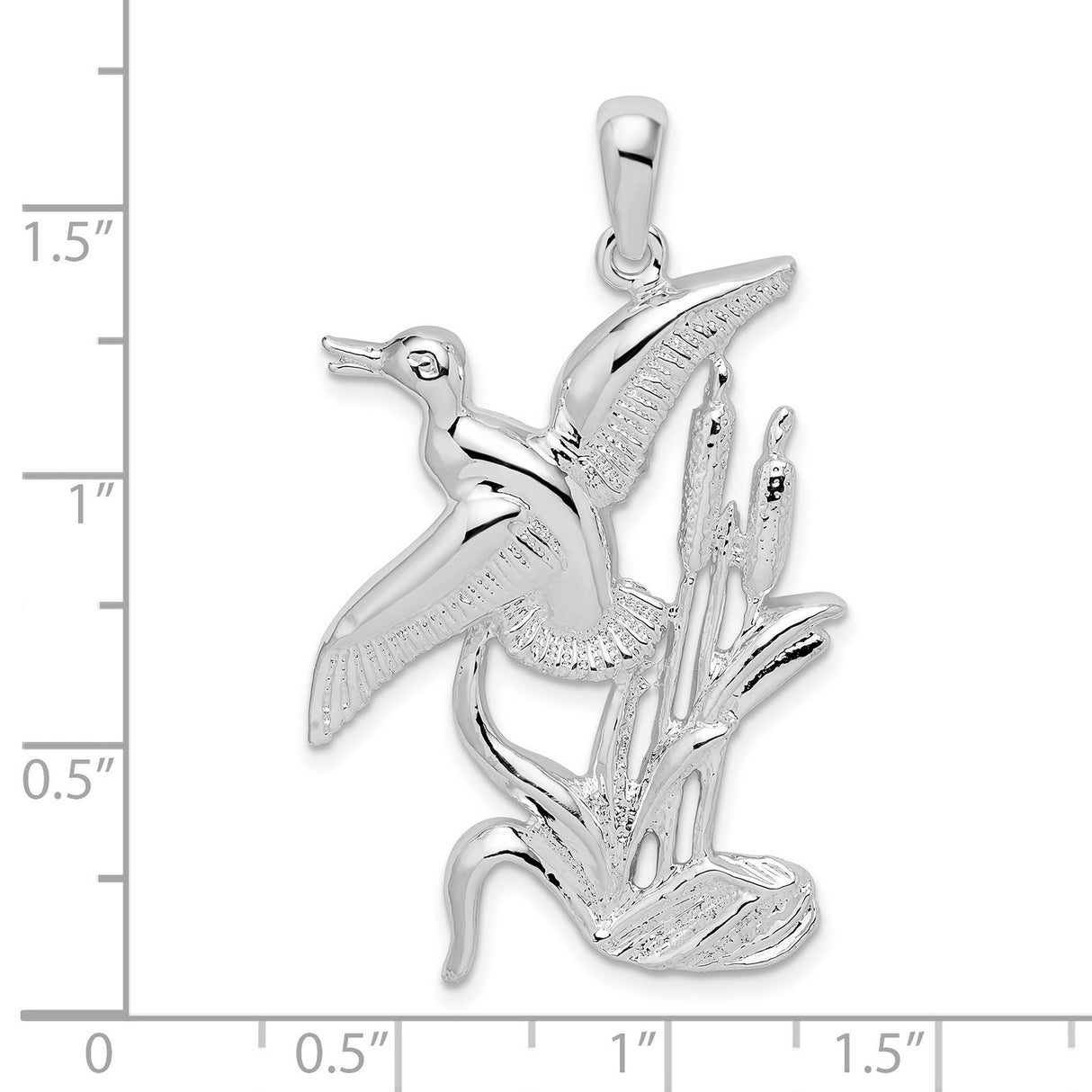 Sterling Silver Pendant with Flying Duck Over Cattails, Nature Wildlife Bird Charm Design