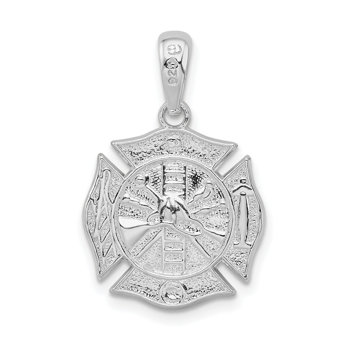 Sterling Silver Firefighter Pendant with Maltese Cross, Axe, Ladder, and Helmet Symbols