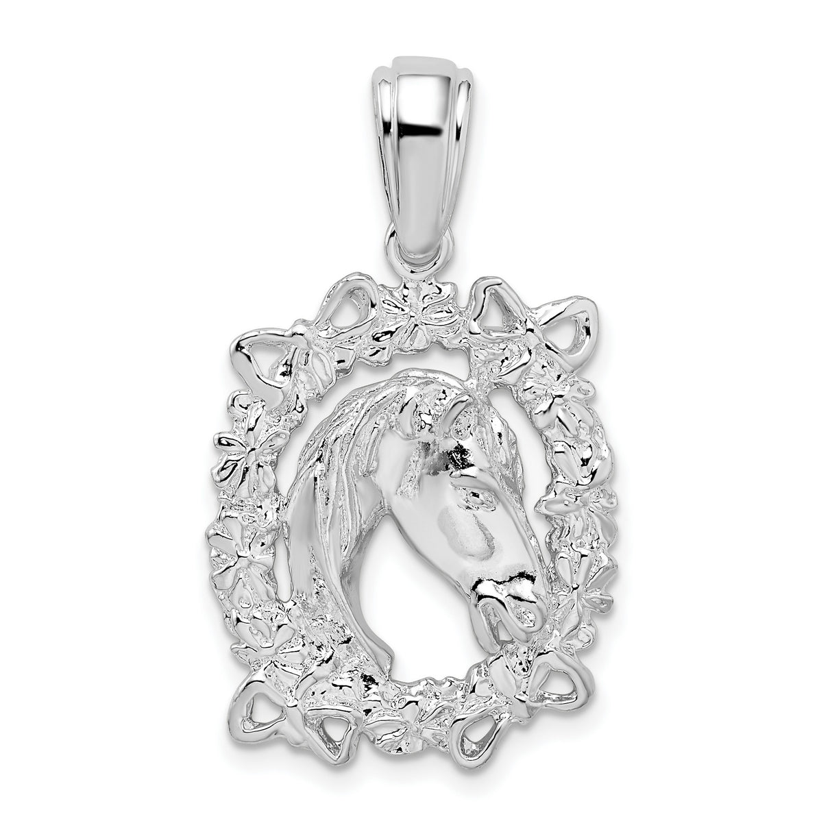Sterling Silver Horse Head Pendant with Floral and Bow Detail, Western Equestrian Style