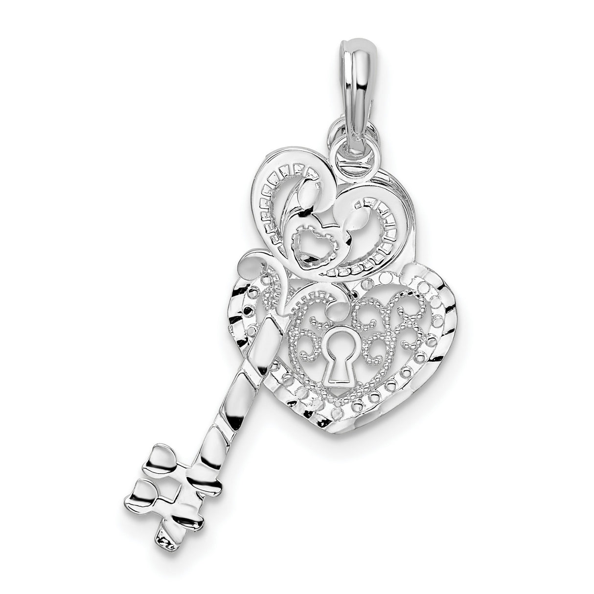 Sterling Silver Heart Key Pendant with Filigree Design and Keyhole Motif for Women