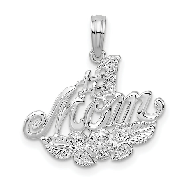 Sterling Silver Number One Mom Pendant with Floral Design and Cursive Lettering
