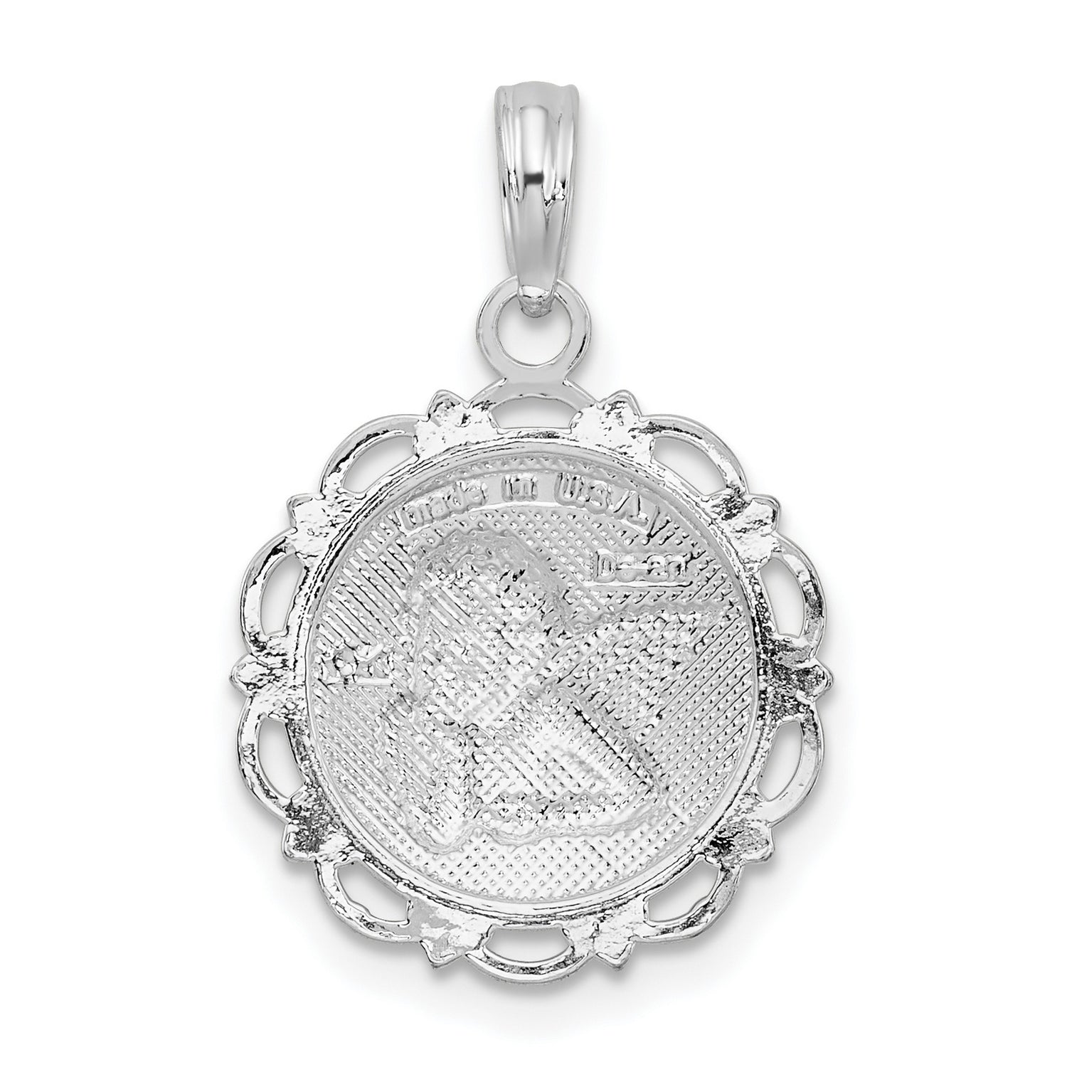 Sterling Silver Angel Pendant with Cherub Design and Scalloped Border, Christian Symbol Charm
