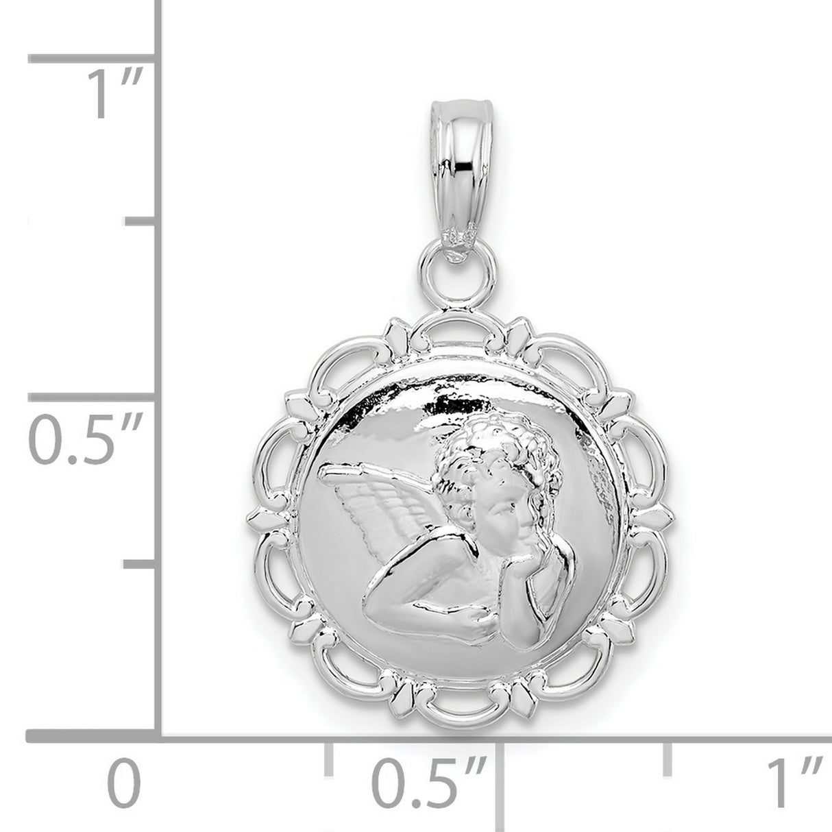 Sterling Silver Angel Pendant with Cherub Design and Scalloped Border, Christian Symbol Charm