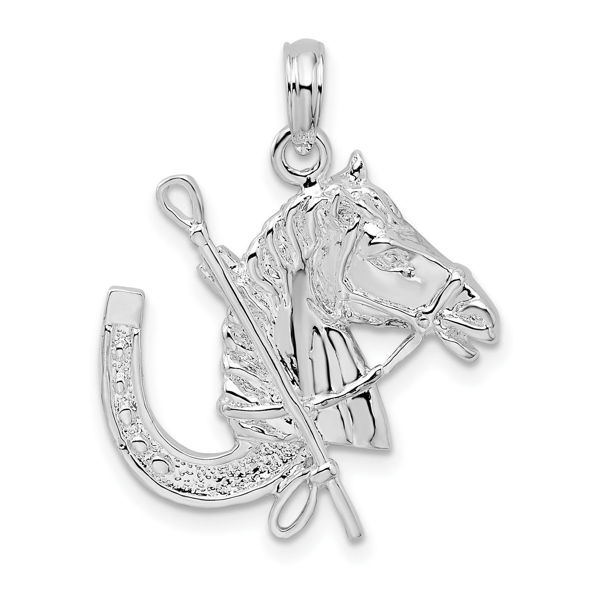 Sterling Silver Horse Head Pendant with Riding Crop and Horseshoe , Equestrian Theme
