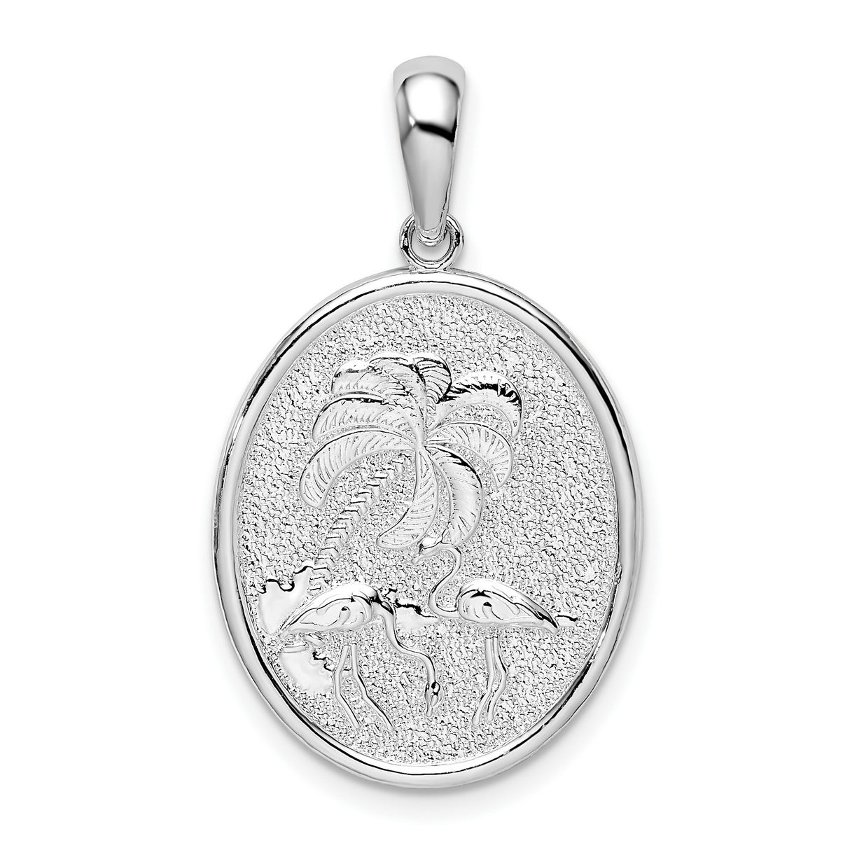 Sterling Silver Oval Flamingo Pendant with Palm Tree Scene, Tropical Beach Charm for Women