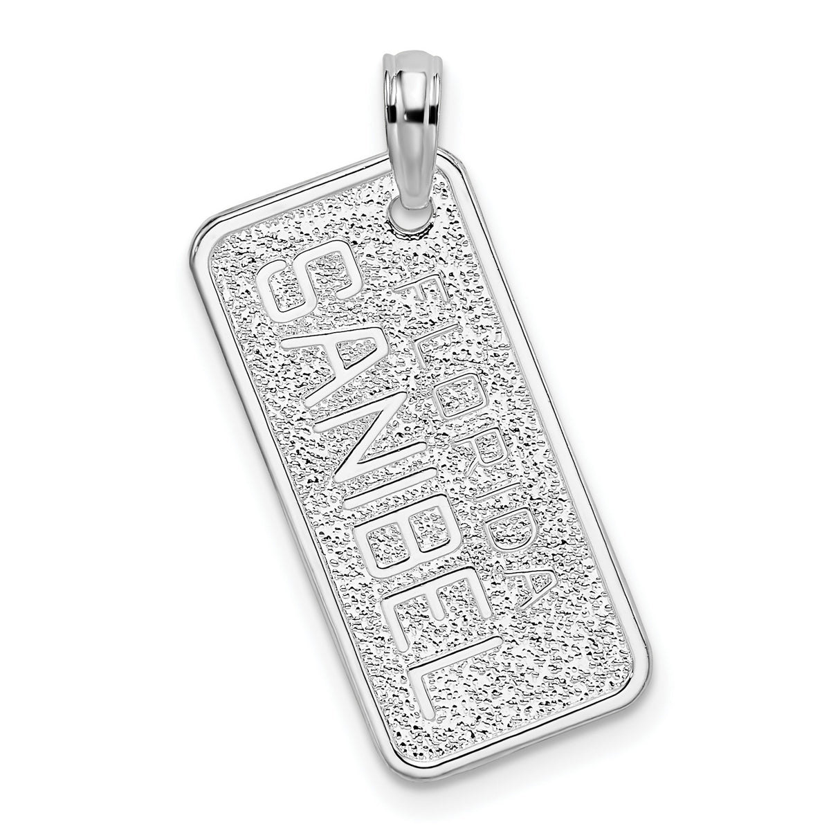 Sterling Silver Sanibel Pendant with Textured Rectangle Tag Design, Island Travel Charm