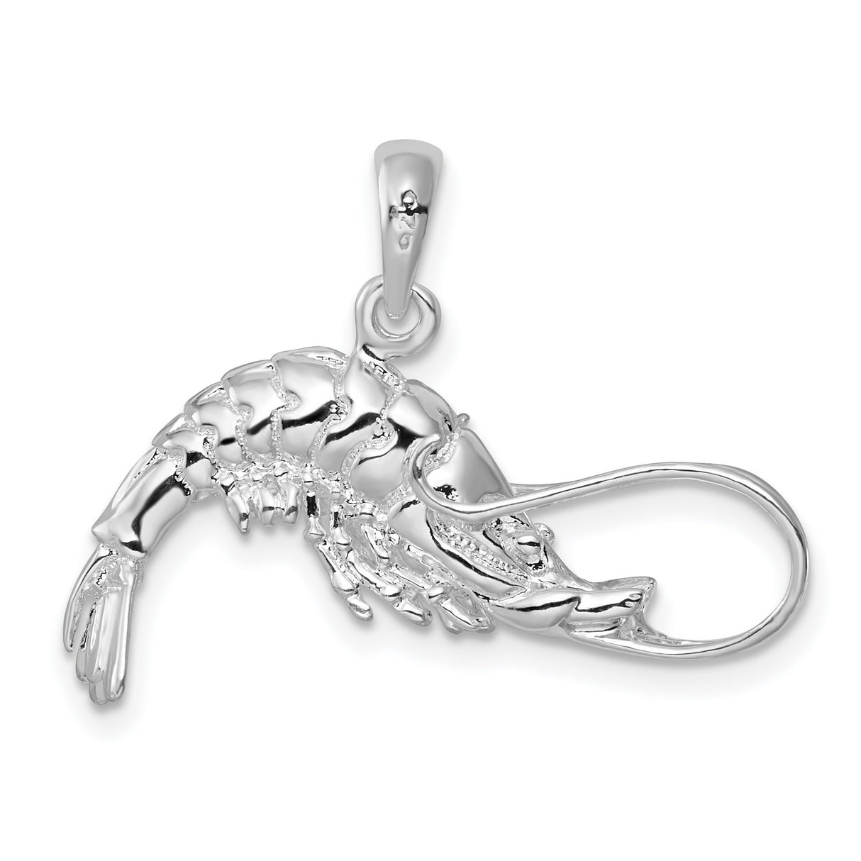 Sterling Silver Shrimp Pendant Charm with Textured 3D Design, Ocean Theme Jewelry