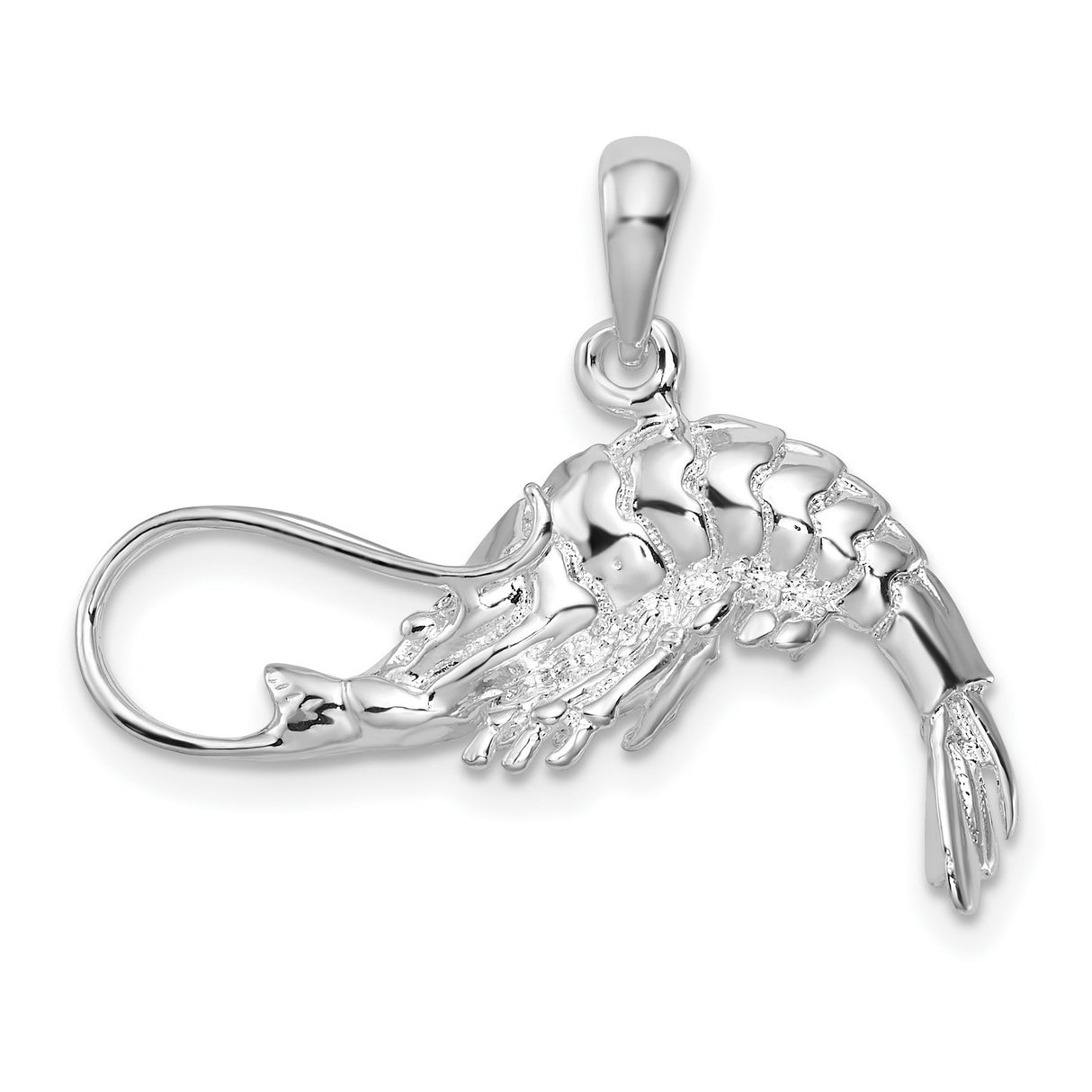 Sterling Silver Shrimp Pendant Charm with Textured 3D Design, Ocean Theme Jewelry