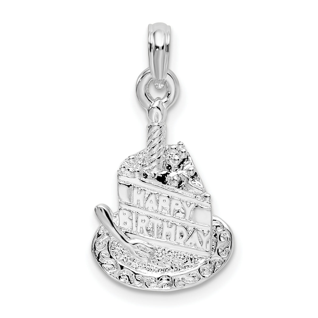 Sterling Silver Cake Slice Pendant with Happy Birthday Engraving and Candle Detail