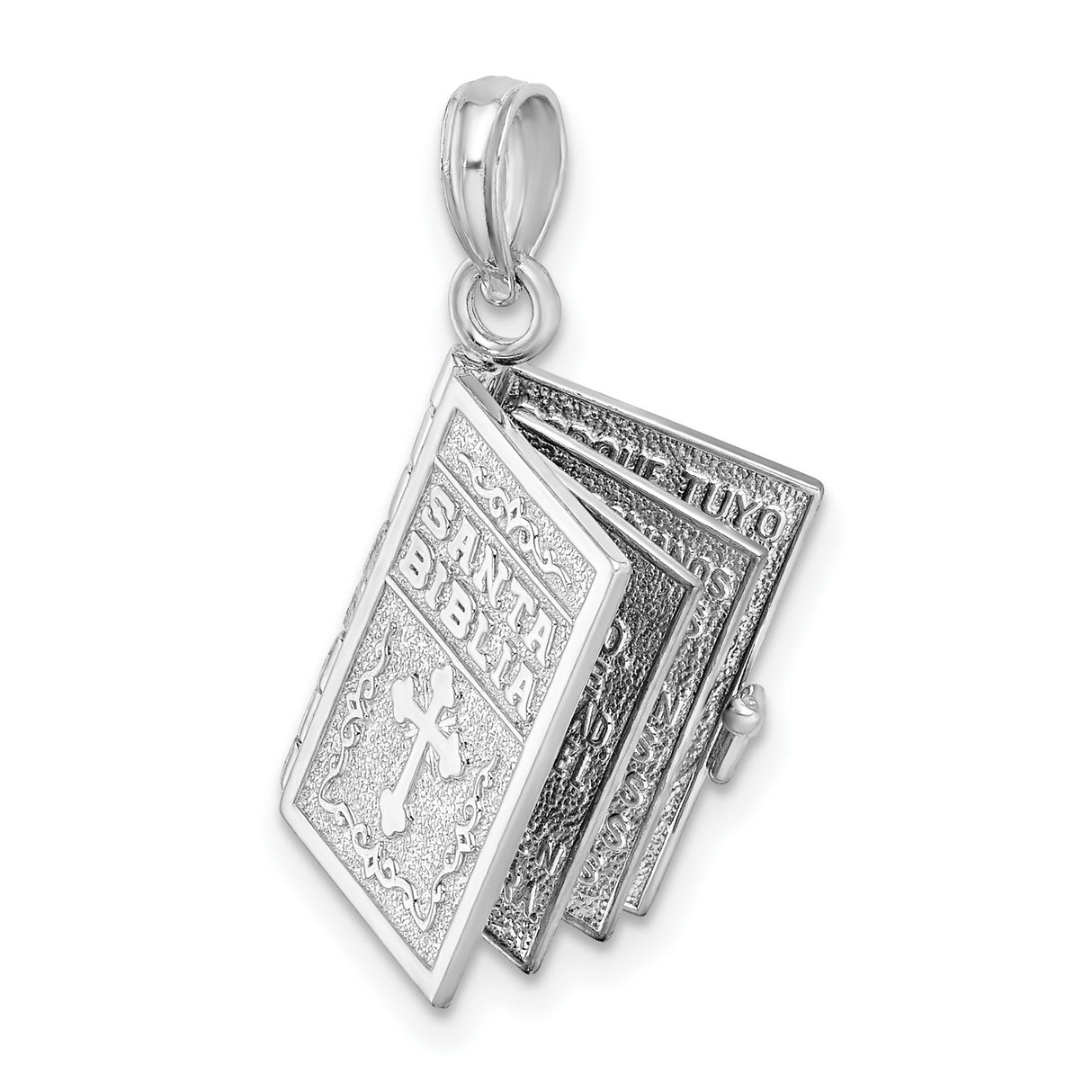 Sterling Silver Santa Biblia 3D Pendant with Raised Cross, Movable Scripture Charm