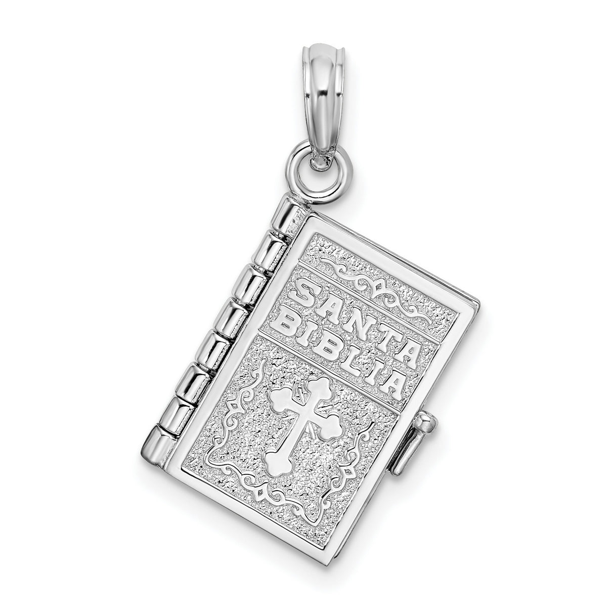 Sterling Silver Santa Biblia 3D Pendant with Raised Cross, Movable Scripture Charm