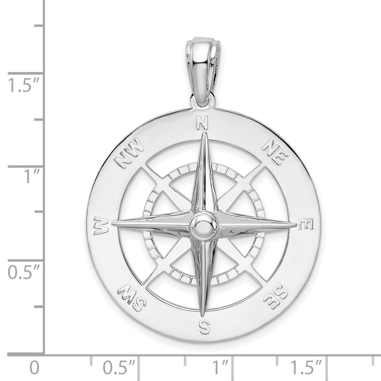 Sterling Silver Compass Pendant with Nautical Rose Design and Directional Engravings