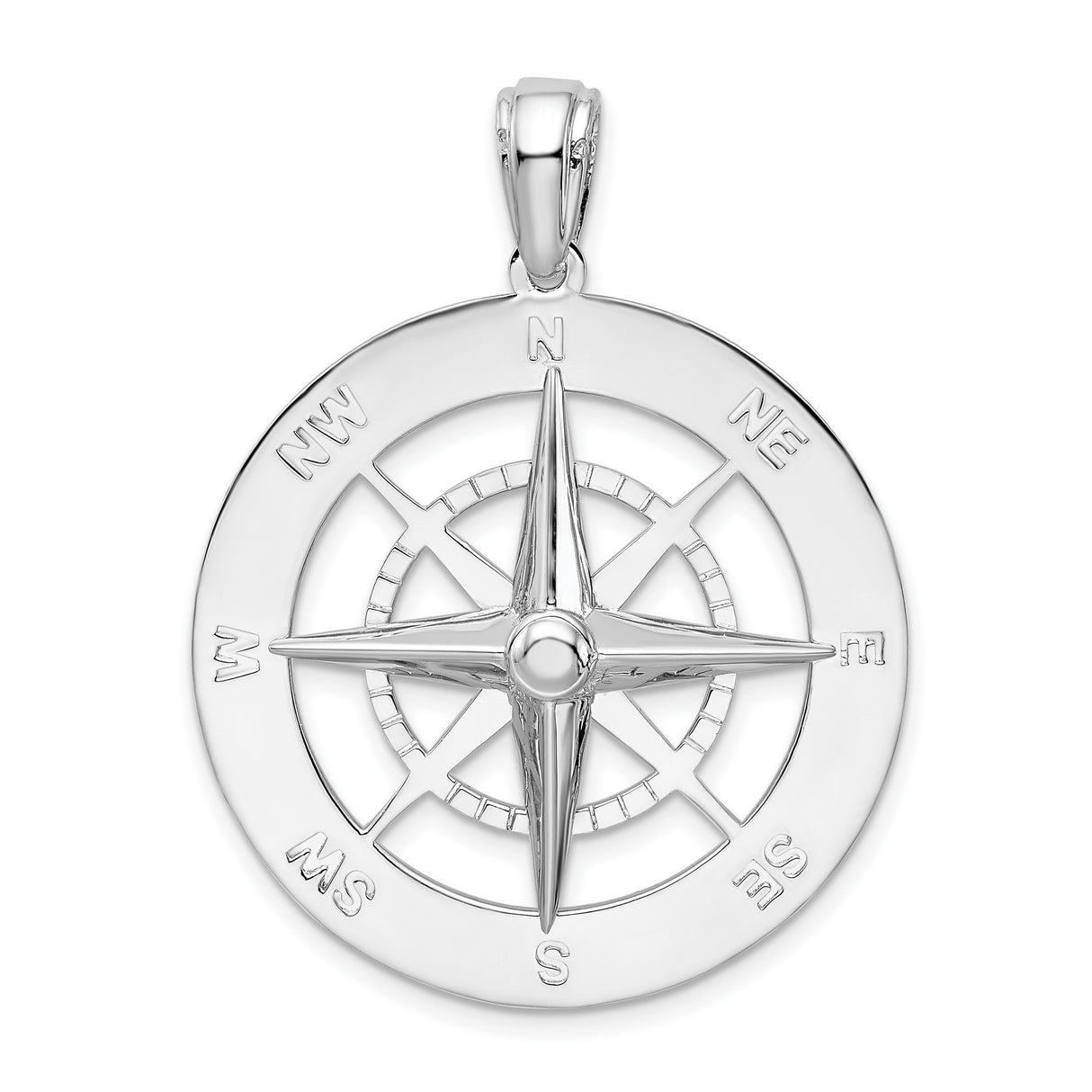 Sterling Silver Compass Pendant with Nautical Rose Design and Directional Engravings