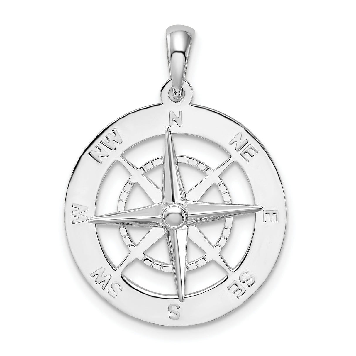 Polished Nautical Compass Charm Pendant in Real 925 Sterling Silver