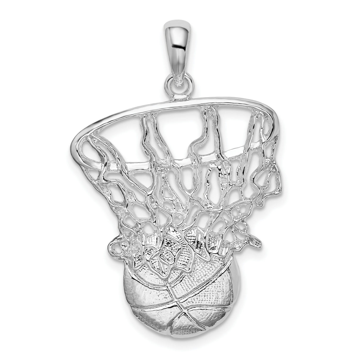 Sterling Silver Basketball Pendant with Detailed Hoop and Net Design, Unisex Sports Charm