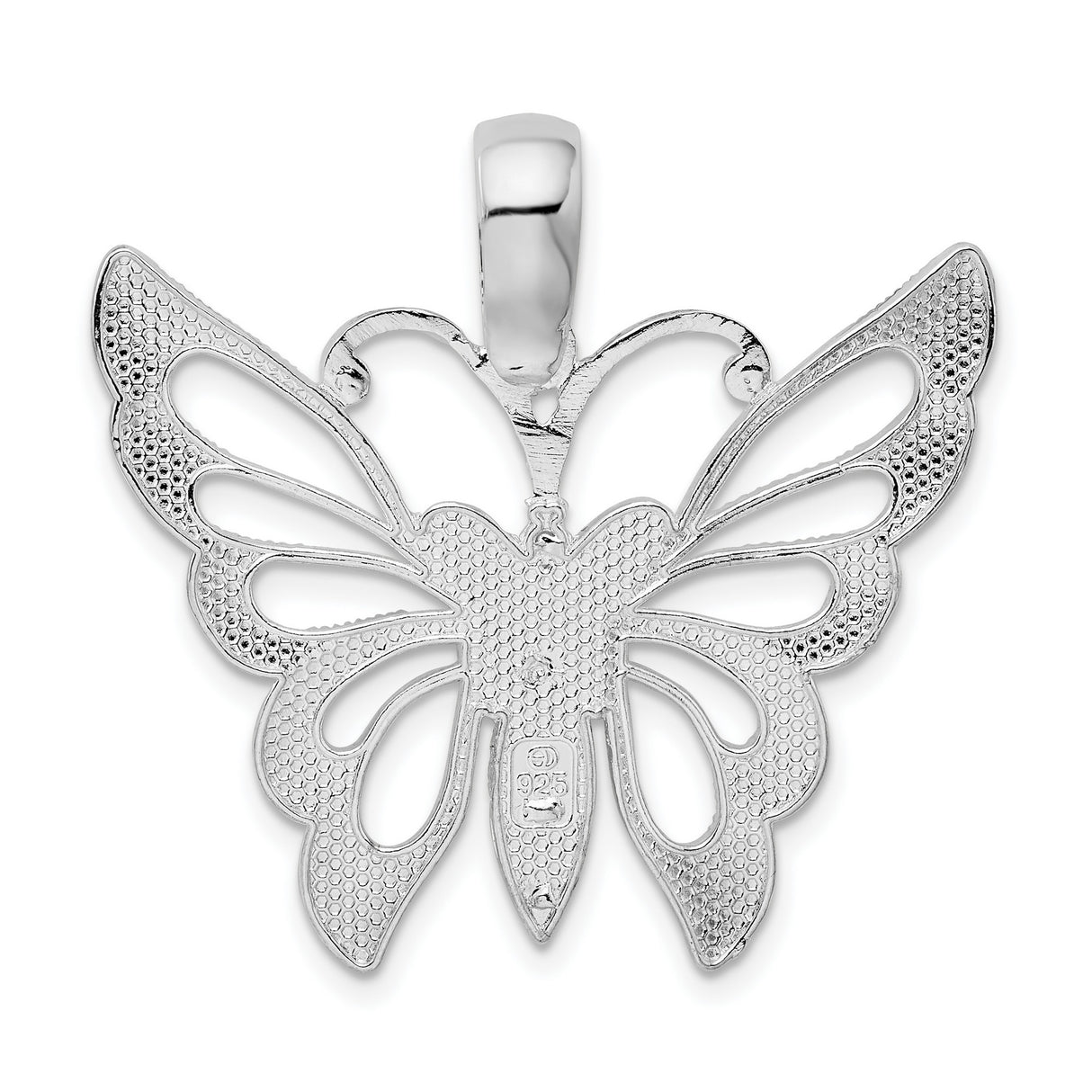 Sterling Silver Butterfly Pendant with Filigree Detailing and High Polish Finish