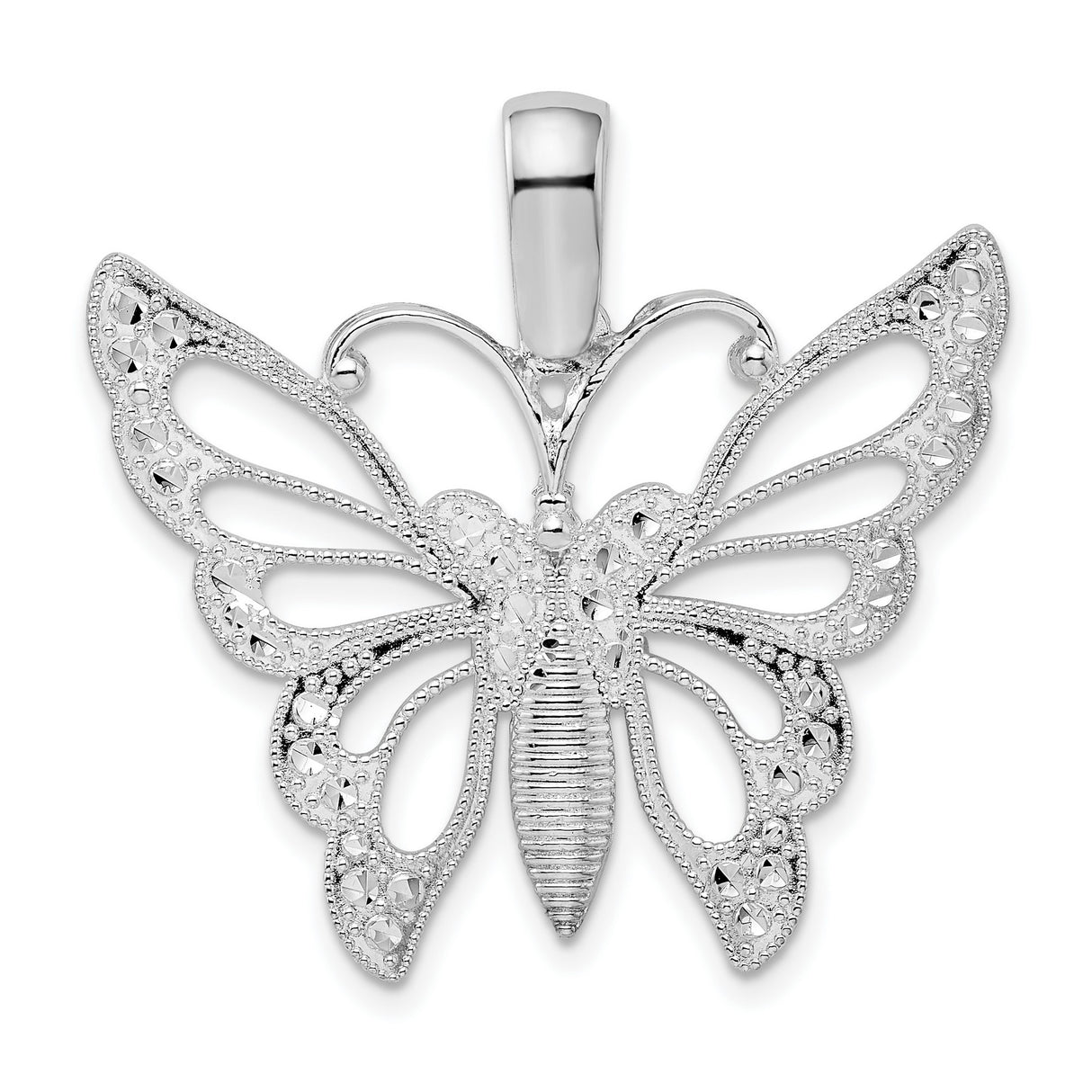Sterling Silver Butterfly Pendant with Filigree Detailing and High Polish Finish