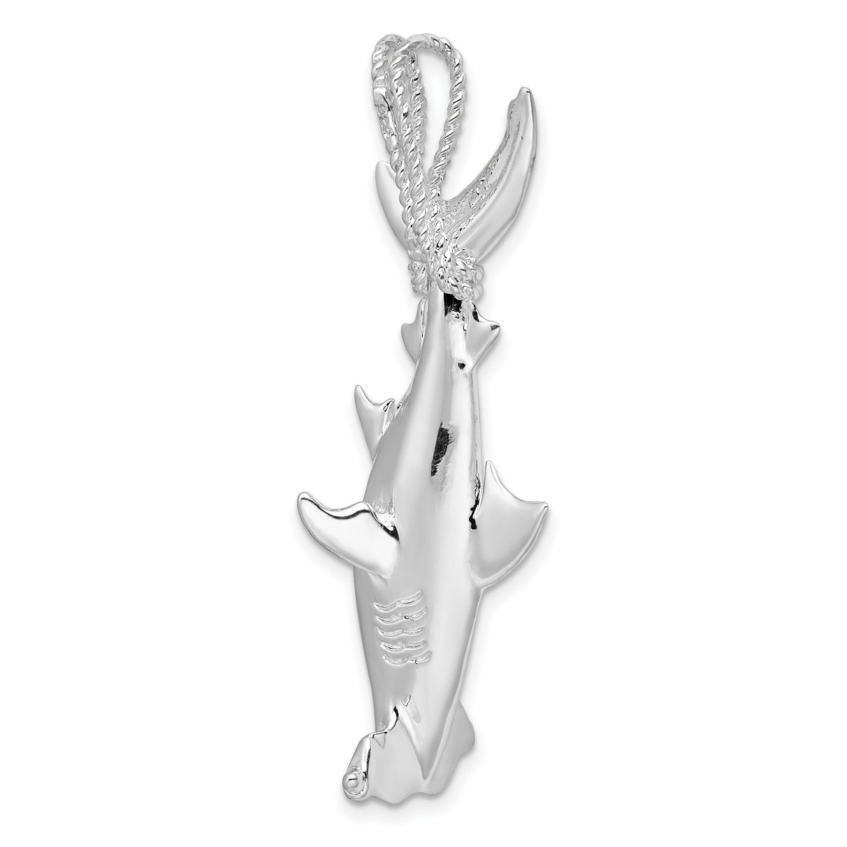 Sterling Silver Shark Pendant with Rope Detail Tail, 3D Hammerhead Ocean Theme for Men