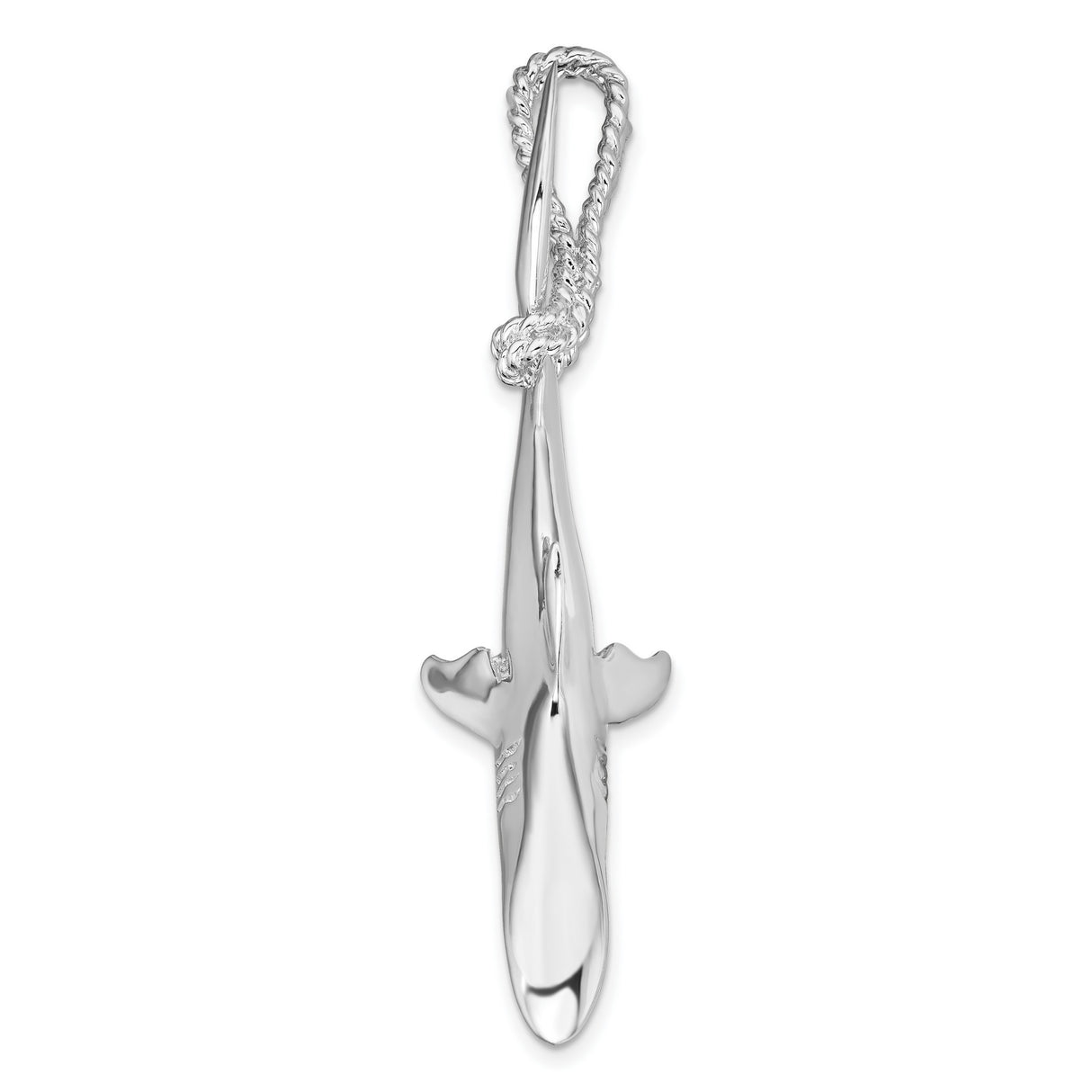Polished 3-D Shark Hanging from Rope Charm Pendant in Real 925 Sterling Silver