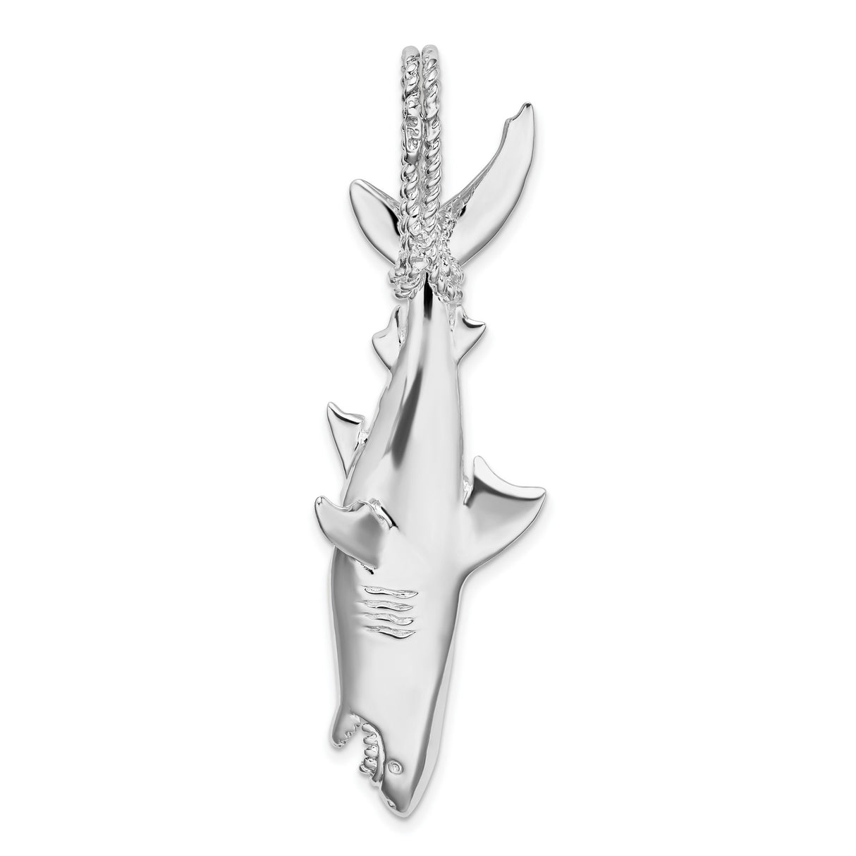 Polished 3-D Shark Hanging from Rope Charm Pendant in Real 925 Sterling Silver
