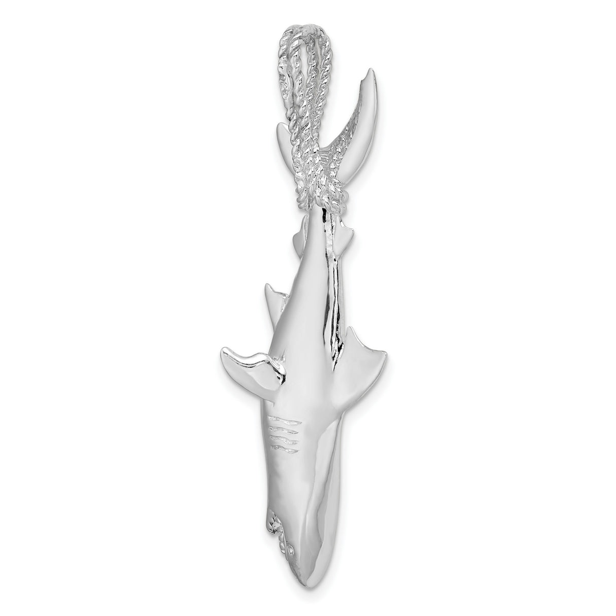 Polished 3-D Shark Hanging from Rope Charm Pendant in Real 925 Sterling Silver