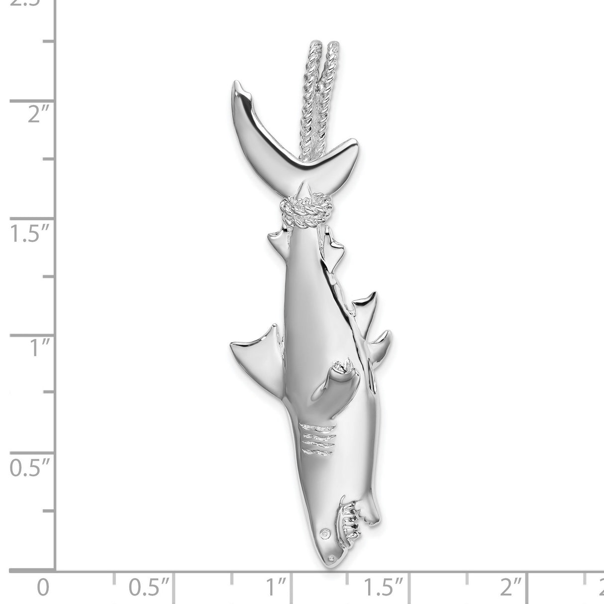Polished 3-D Shark Hanging from Rope Charm Pendant in Real 925 Sterling Silver