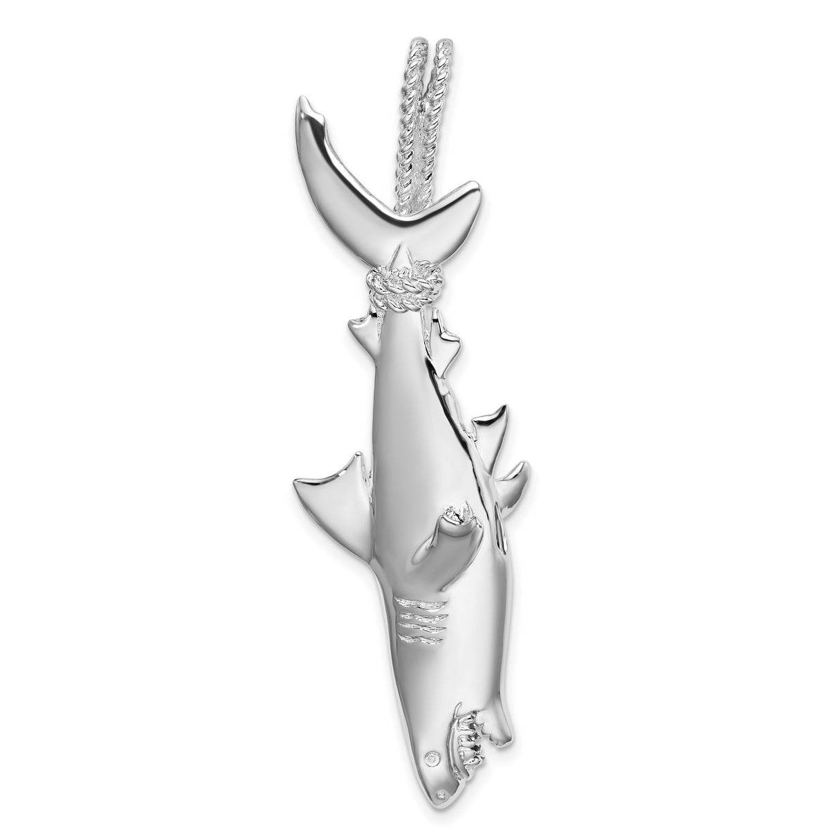 Polished 3-D Shark Hanging from Rope Charm Pendant in Real 925 Sterling Silver