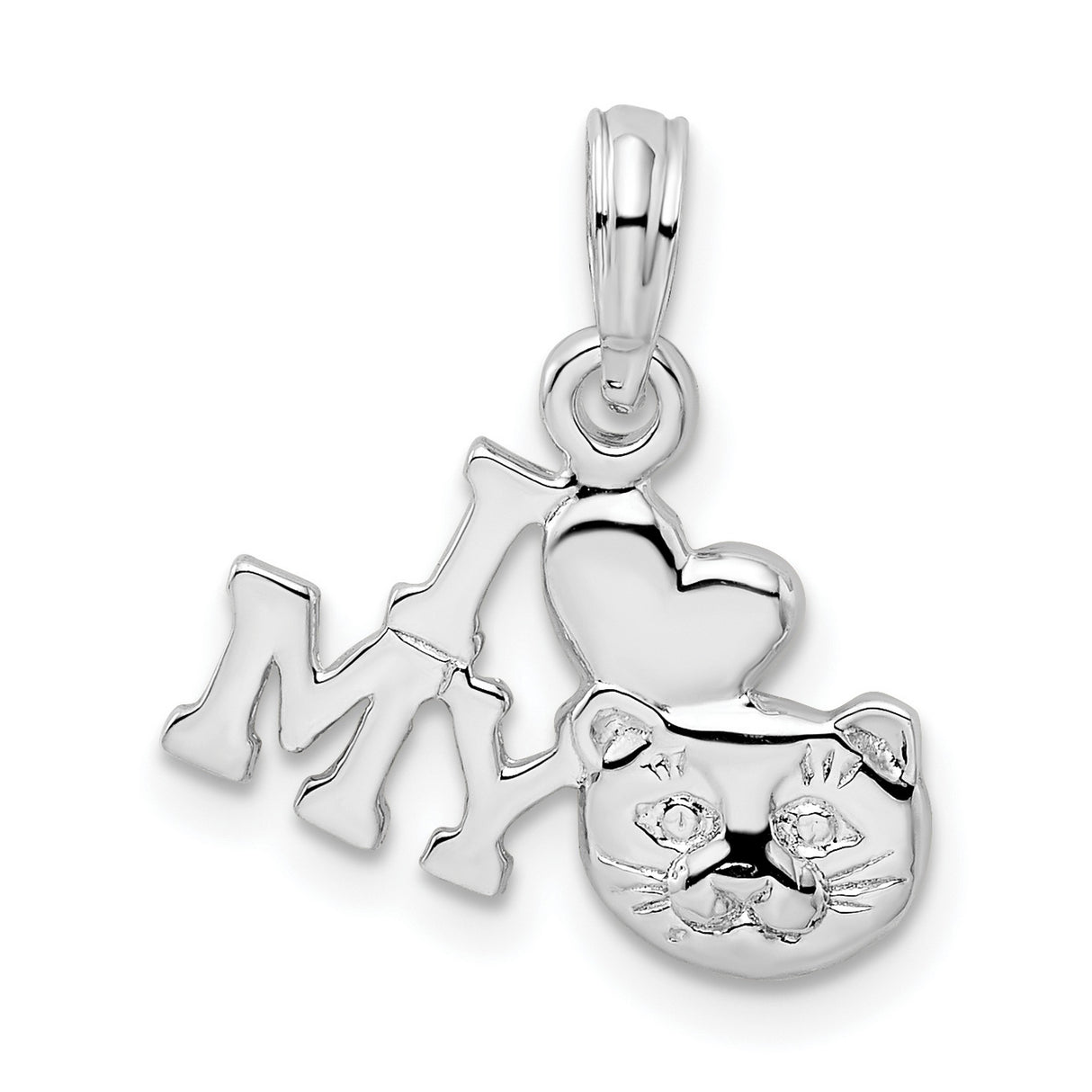 Sterling Silver Cat Face Pendant with I Heart My Cat Design, Animal Lover Charm Jewelry