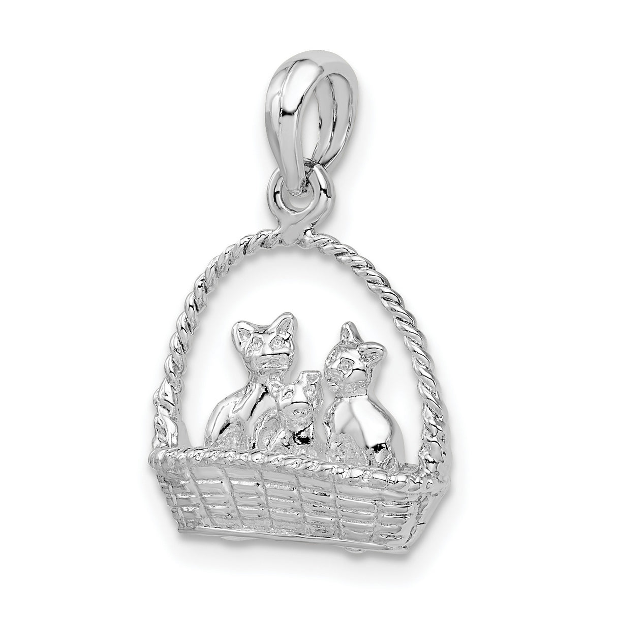 Sterling Silver Cat Pendant with Three Cats in Woven Basket Design, Animal Charm Jewelry for Women