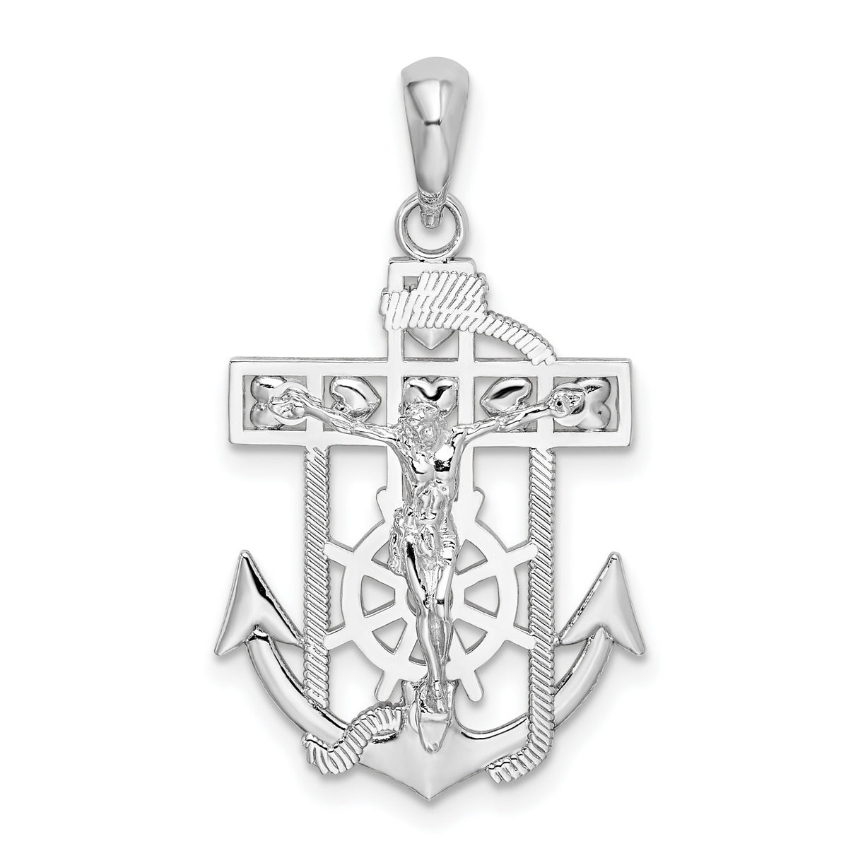 Sterling Silver Crucifix Cross Pendant with Anchor, Nautical Christian Mariner Design