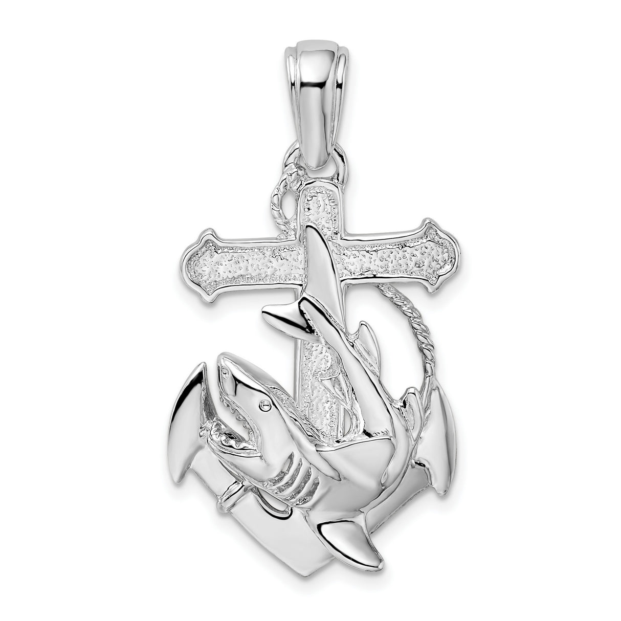 Sterling Silver Shark Wrapped Anchor Cross Pendant, Nautical Christian Marine Jewelry for Men