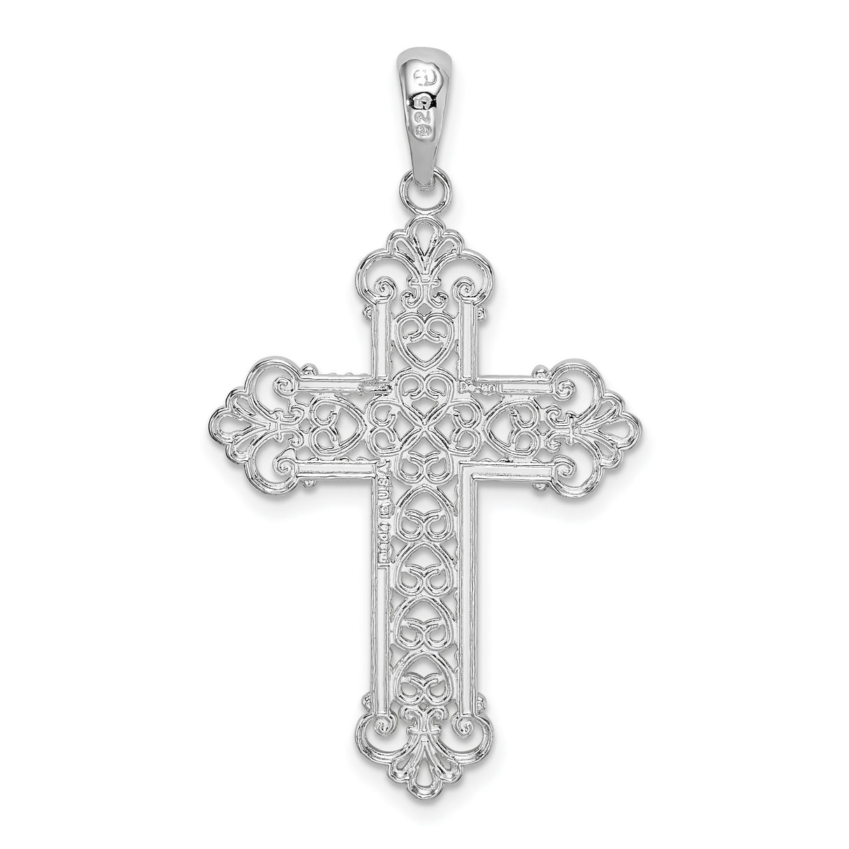 Sterling Silver Cross Pendant with Rope Edge, Lace Detail, and Fleur-de-Lis Design