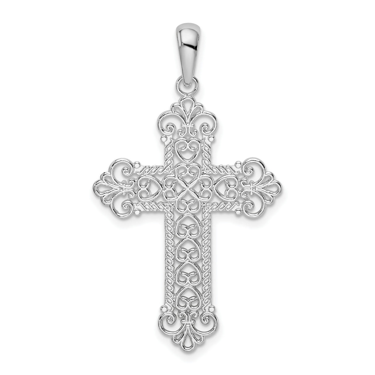Sterling Silver Cross Pendant with Rope Edge, Lace Detail, and Fleur-de-Lis Design