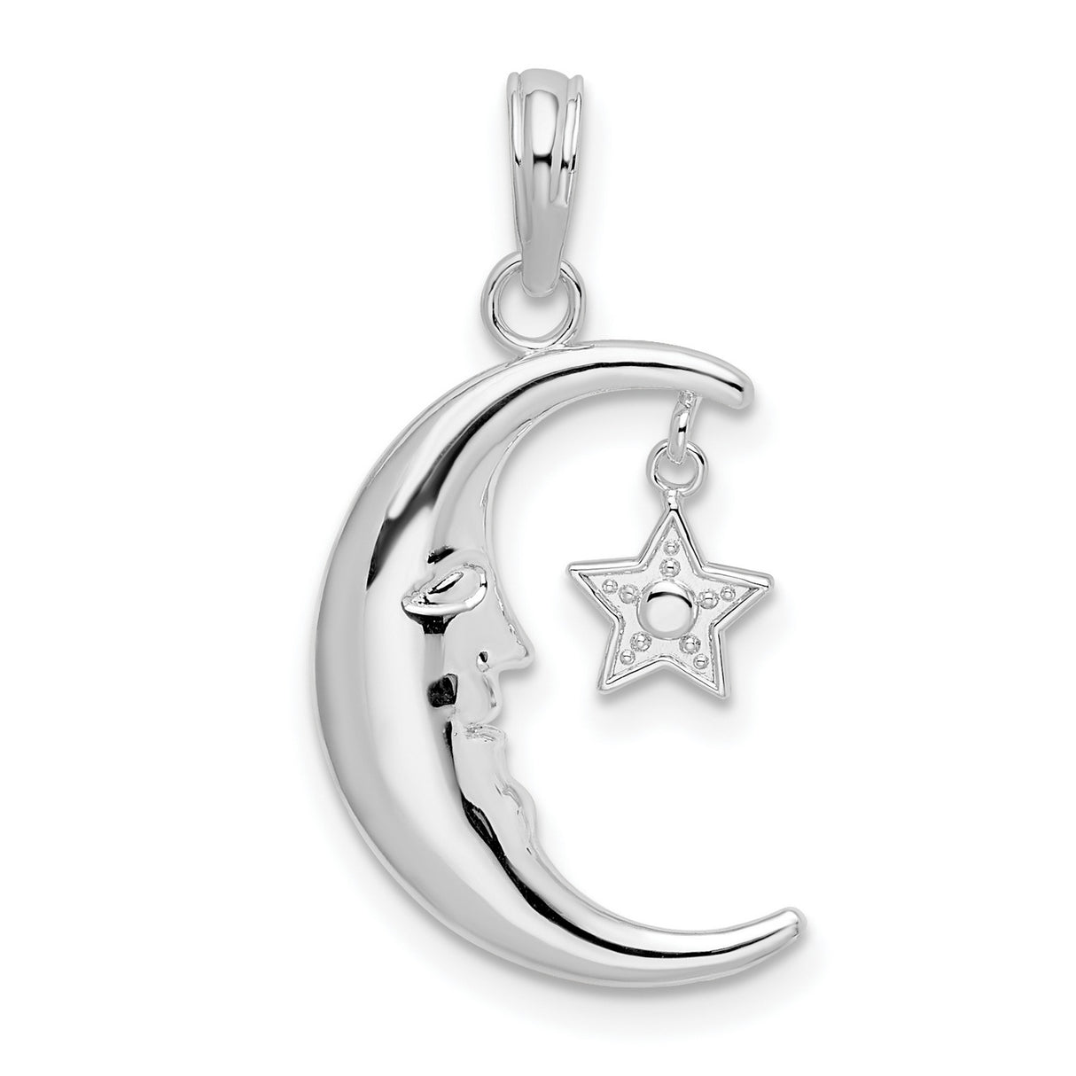 Sterling Silver Crescent Moon Face Pendant with Cubic Zirconia Star, Celestial Charm