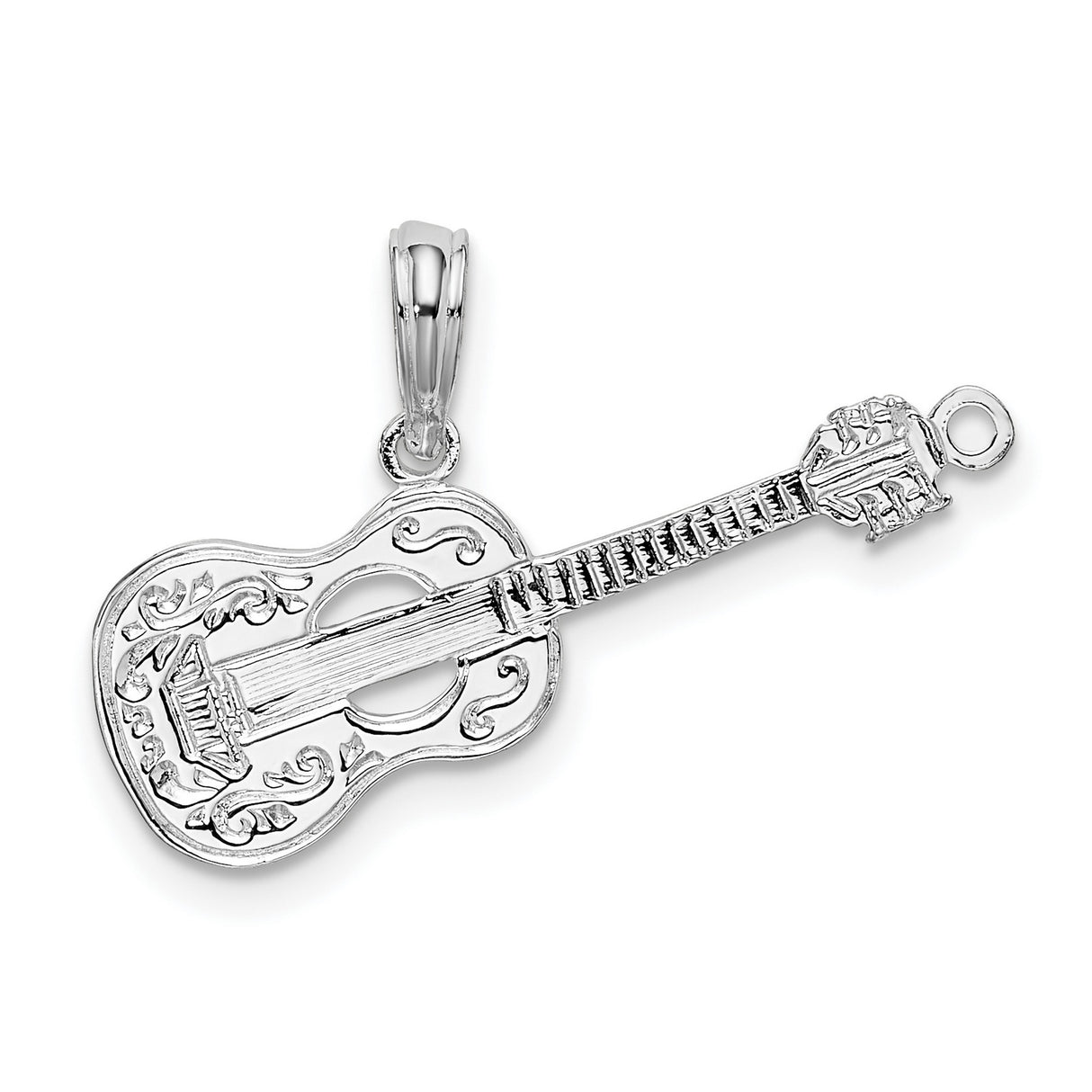 Sterling Silver Guitar Pendant with Scrollwork Design, Unisex Music Charm for Musicians
