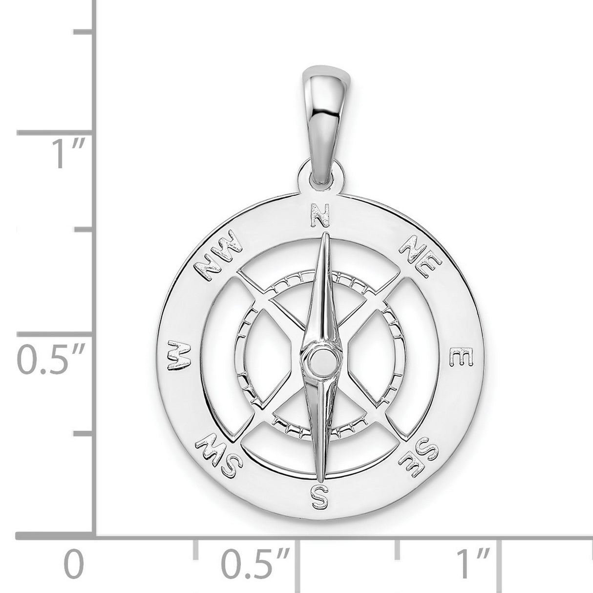 Sterling Silver Compass Pendant with North South East West Directional Markings, Nautical Travel Charm