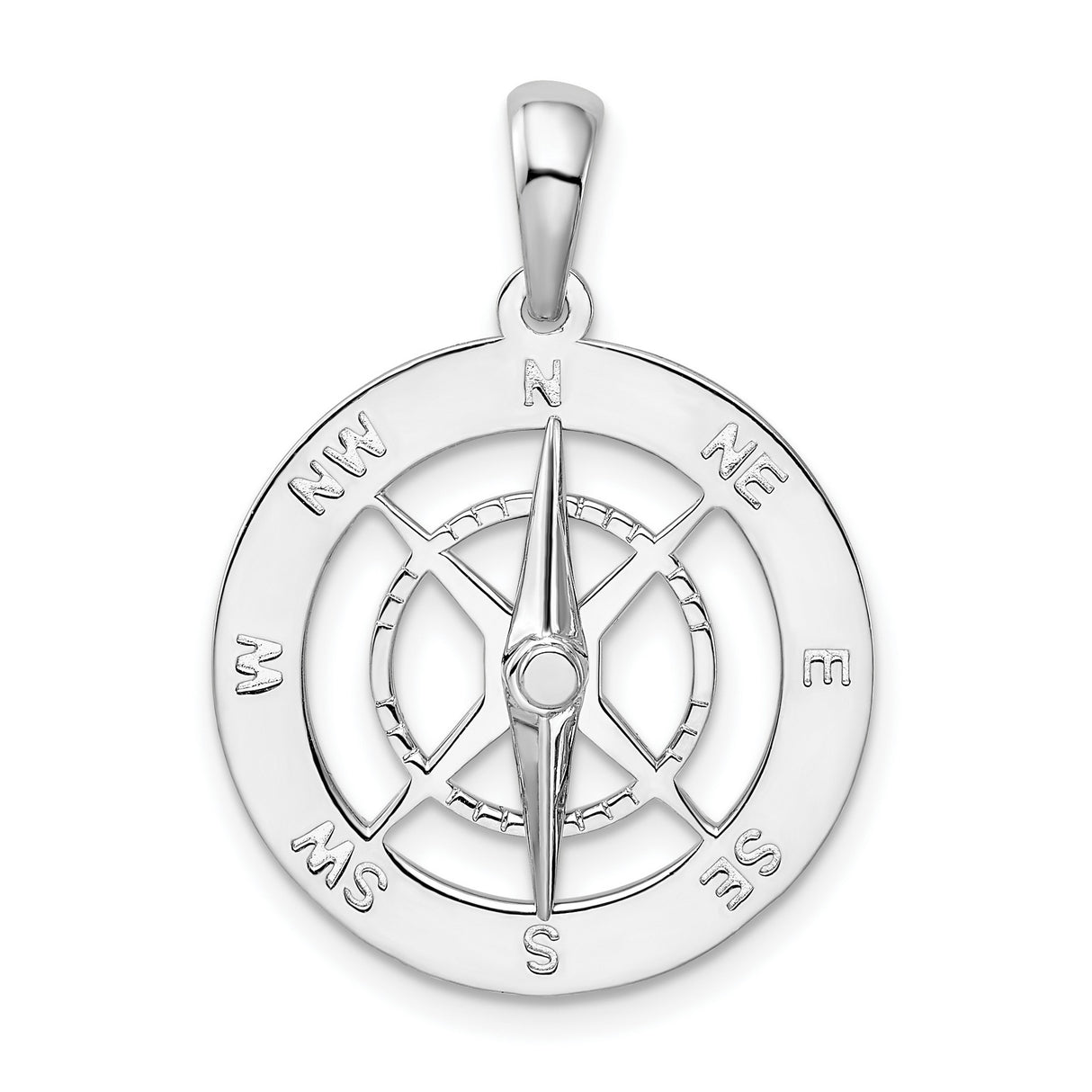 Sterling Silver Compass Pendant with North South East West Directional Markings, Nautical Travel Charm