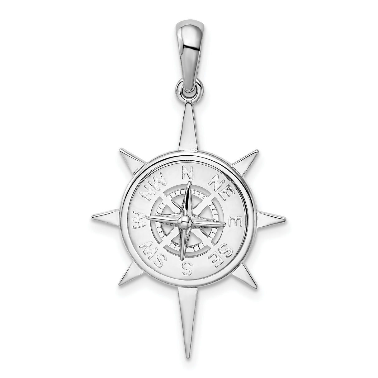 Polished Star Frame Compass Charm Pendant in Real 925 Sterling Silver