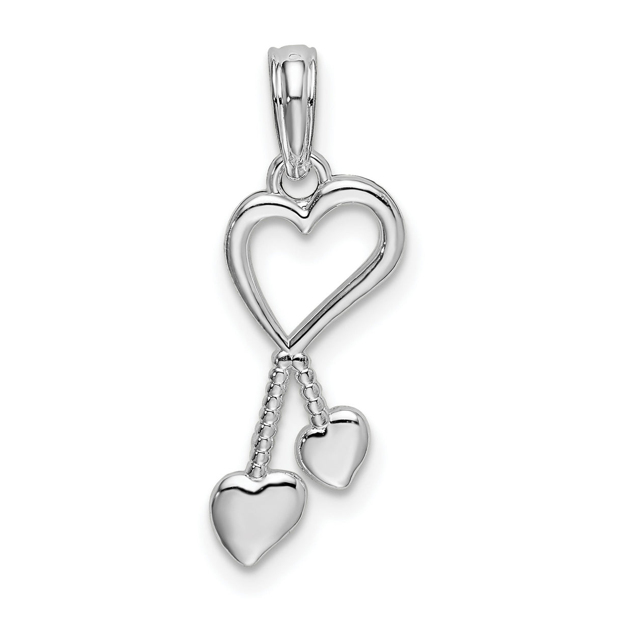 Sterling Silver Open Heart Pendant with Two Dangling Polished Heart Charms for Women