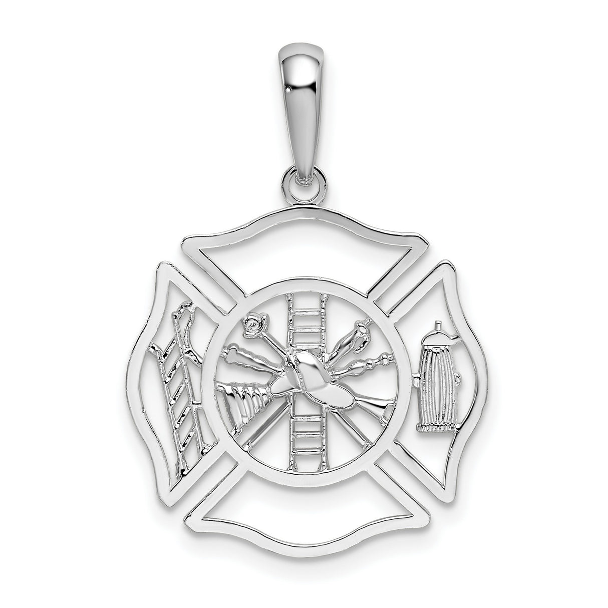 Sterling Silver Firefighter Pendant with Maltese Cross, Ladder, Helmet, Hydrant, and Shield