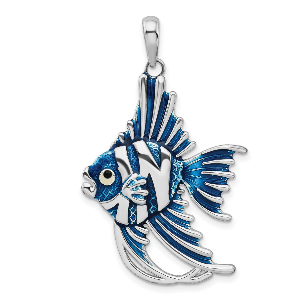 Sterling Silver Fish Pendant with Blue Enamel, Tropical Angelfish Ocean Jewelry for Women